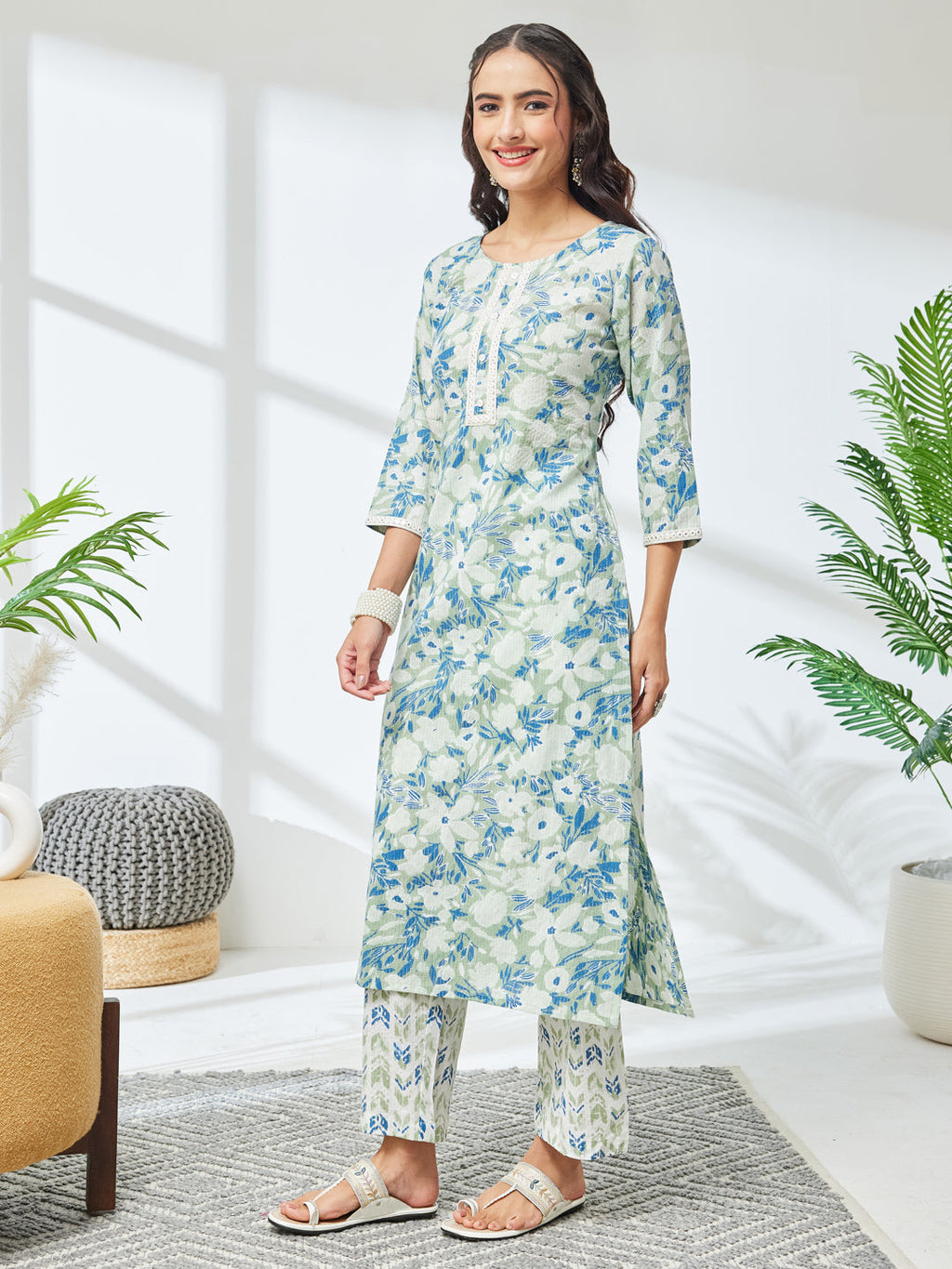 Janasya Sage Straight Cotton Kurta & Bottom | Grocsy