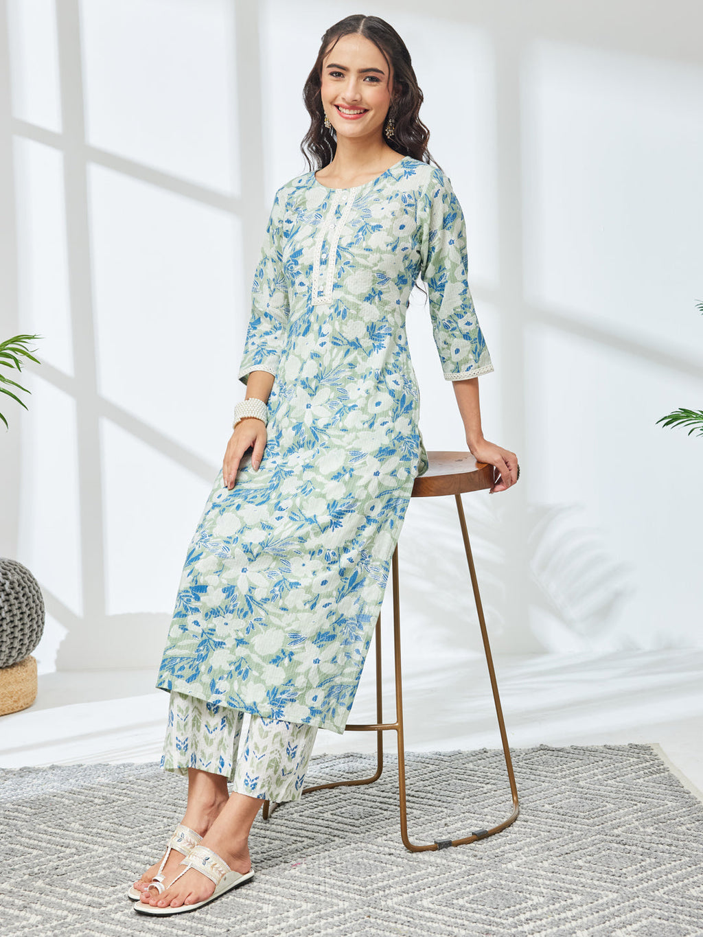 Janasya Sage Straight Cotton Kurta & Bottom | Grocsy