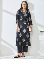 Janasya Black Straight Cotton Kurta & Bottom | Grocsy