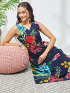 Janasya Navy Blue Straight Cotton Kurta & Bottom | Grocsy
