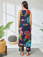 Janasya Navy Blue Straight Cotton Kurta & Bottom | Grocsy