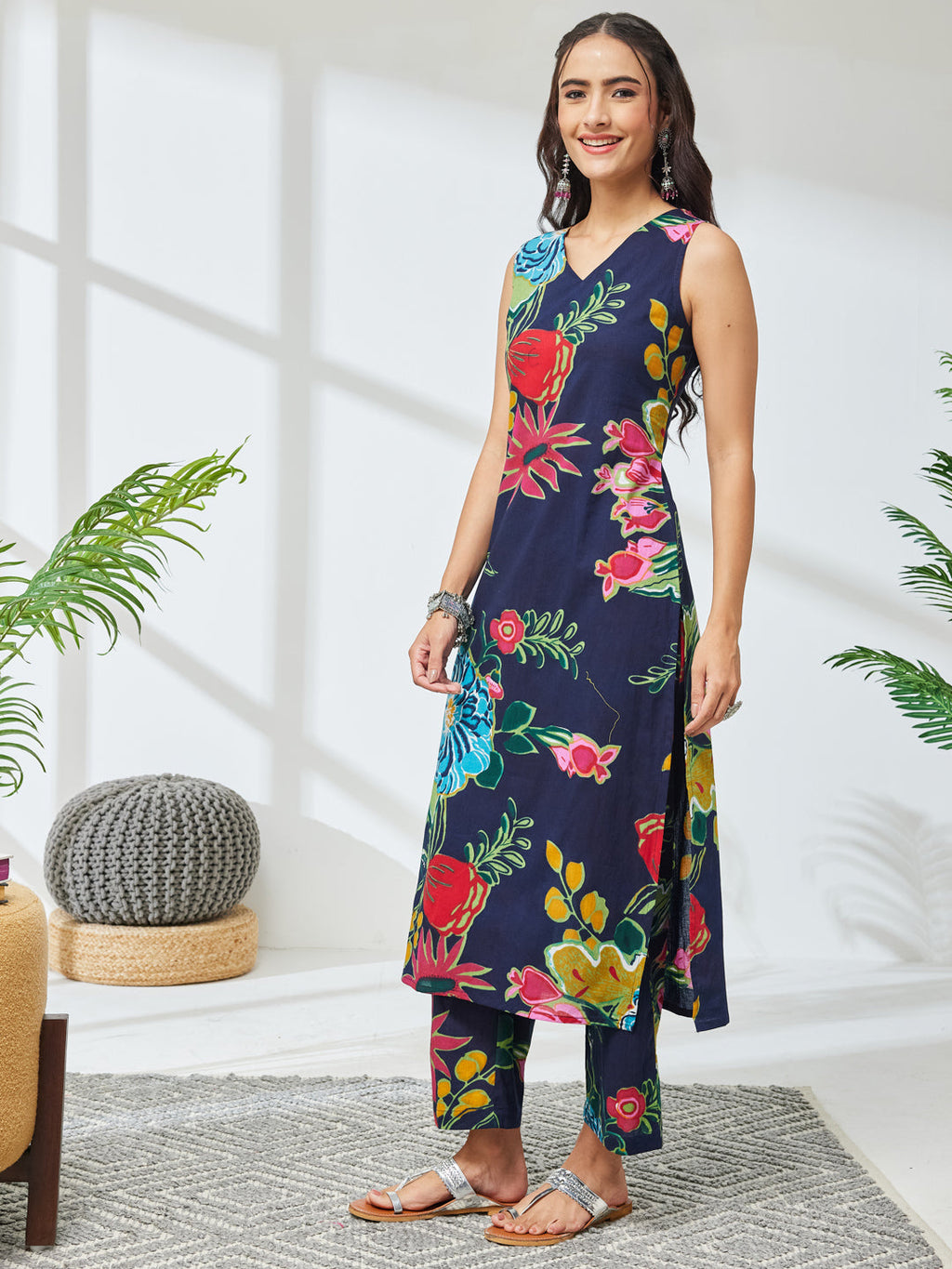 Janasya Navy Blue Straight Cotton Kurta & Bottom | Grocsy