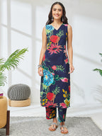 Janasya Navy Blue Straight Cotton Kurta & Bottom | Grocsy