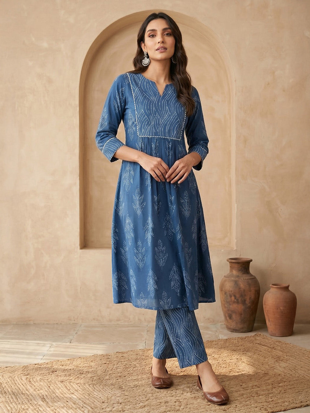 Janasya Indigo A-Line Cotton Kurta & Bottom | Grocsy