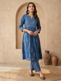 Janasya Indigo A-Line Cotton Kurta & Bottom | Grocsy