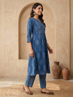 Janasya Indigo A-Line Cotton Kurta & Bottom | Grocsy