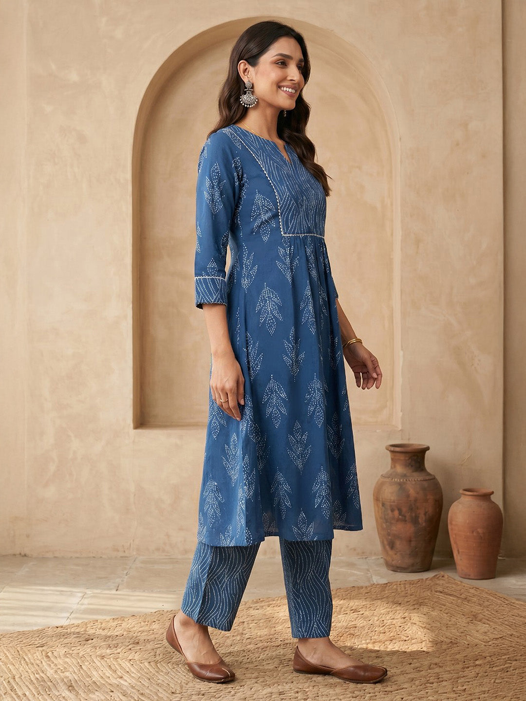 Janasya Indigo A-Line Cotton Kurta & Bottom | Grocsy