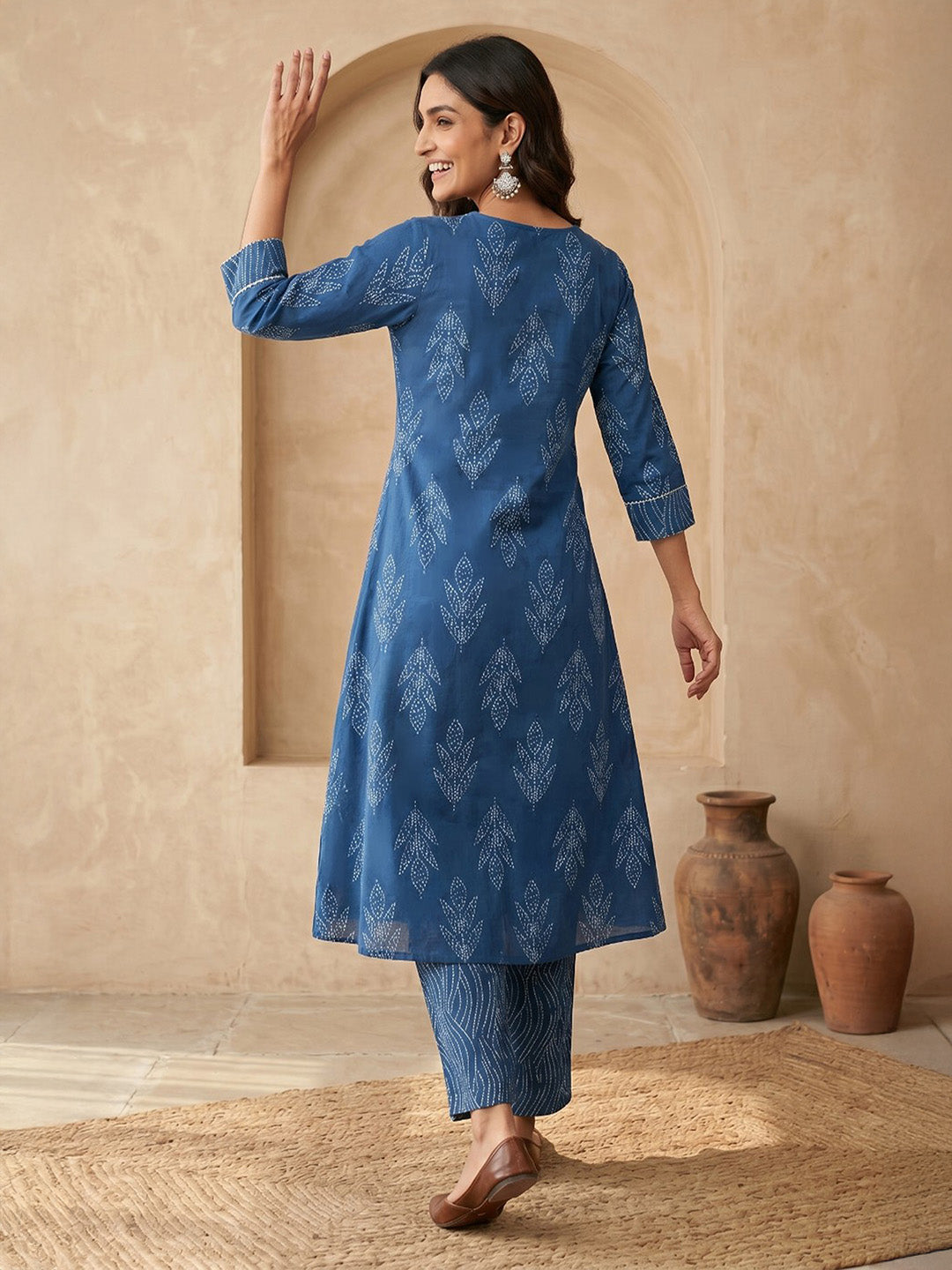 Janasya Indigo A-Line Cotton Kurta & Bottom | Grocsy