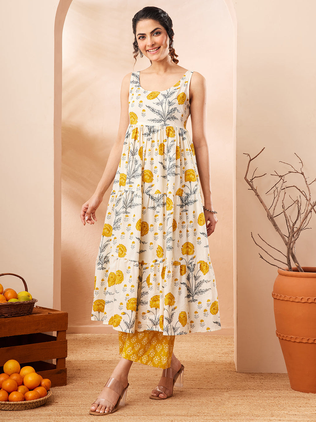 Janasya Off White Tiered Cotton Kurta & Bottom | Grocsy