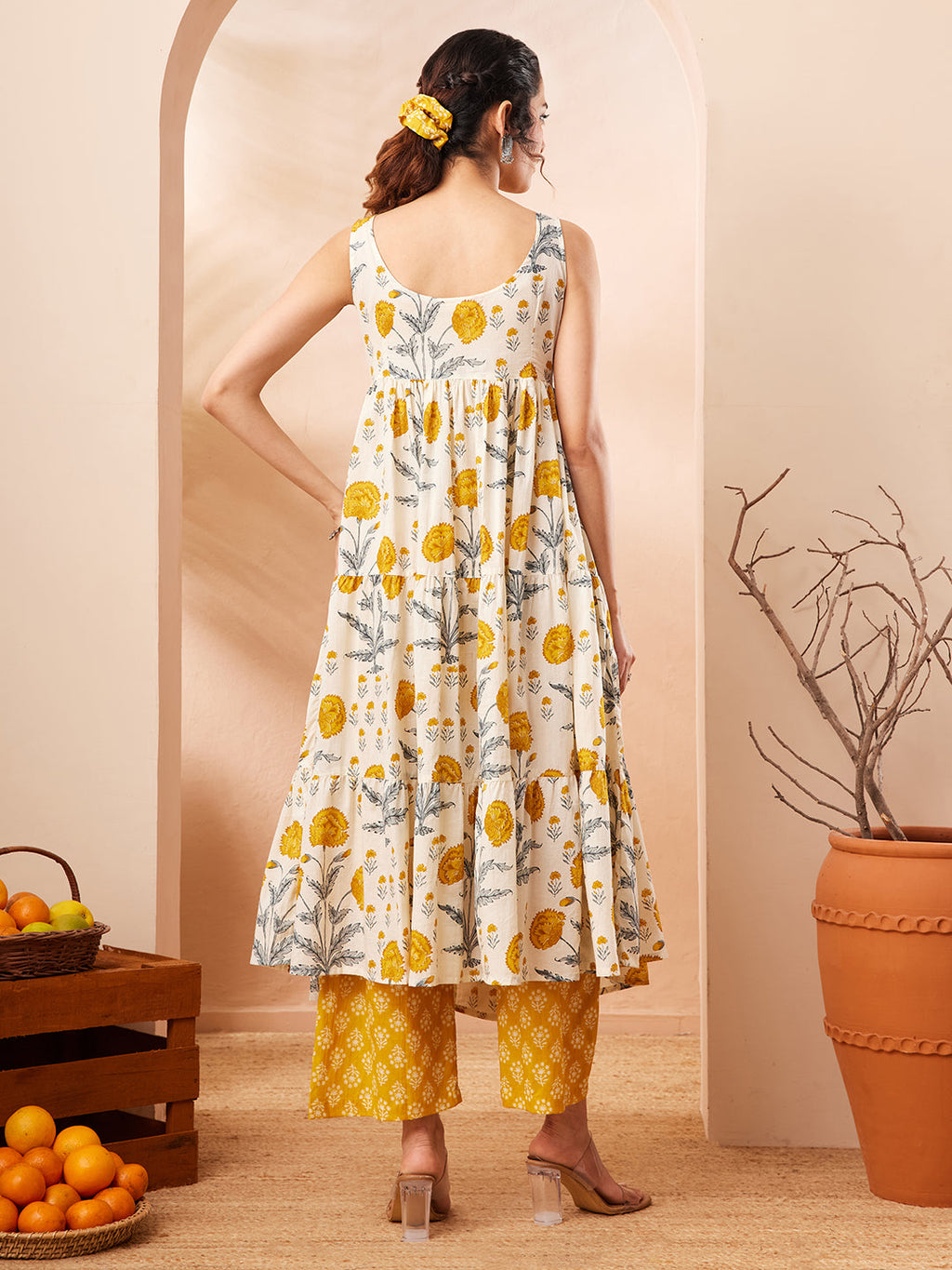 Janasya Off White Tiered Cotton Kurta & Bottom | Grocsy