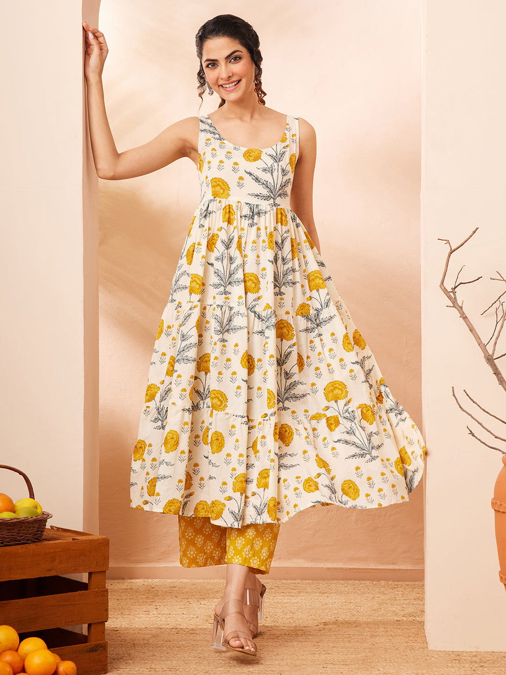 Janasya Off White Tiered Cotton Kurta & Bottom | Grocsy