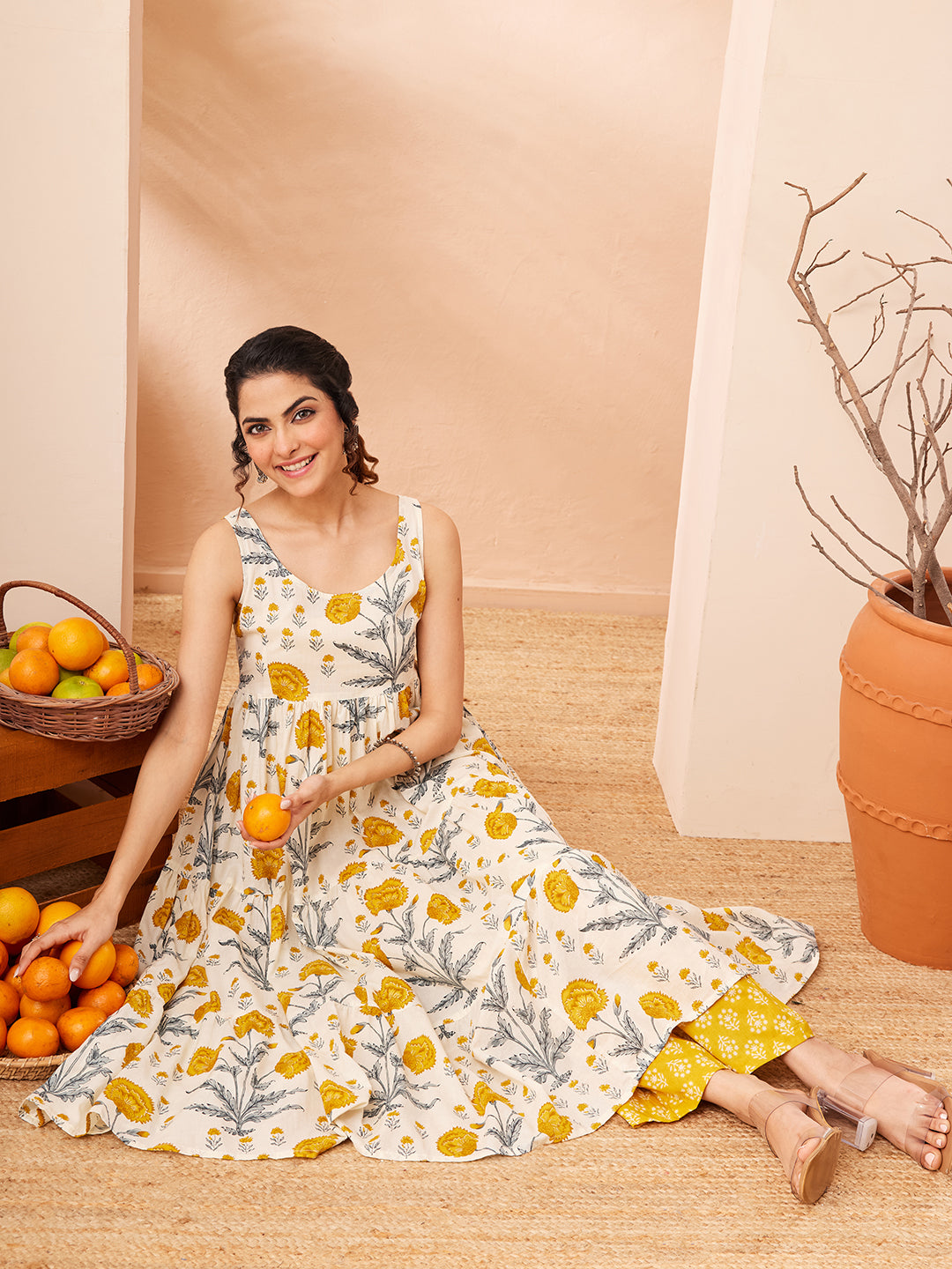 Janasya Off White Tiered Cotton Kurta & Bottom | Grocsy