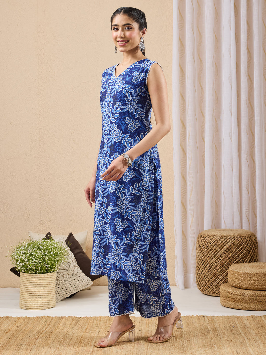 Janasya Blue Straight Cotton Kurta & Bottom | Grocsy