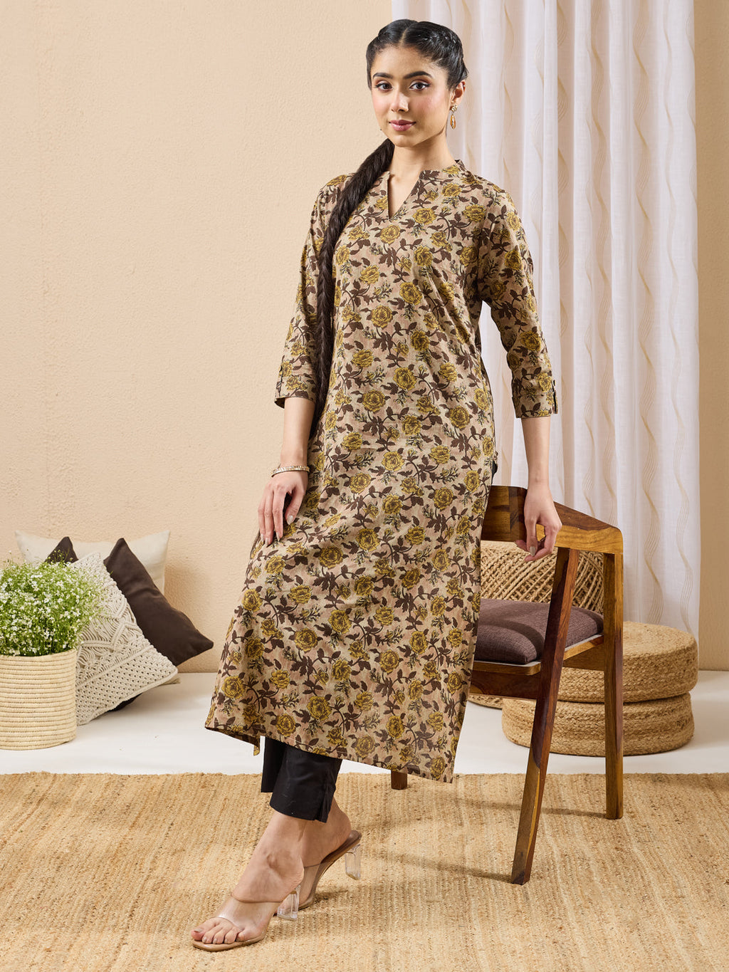 Janasya Brown Straight Cotton Kurta | Grocsy