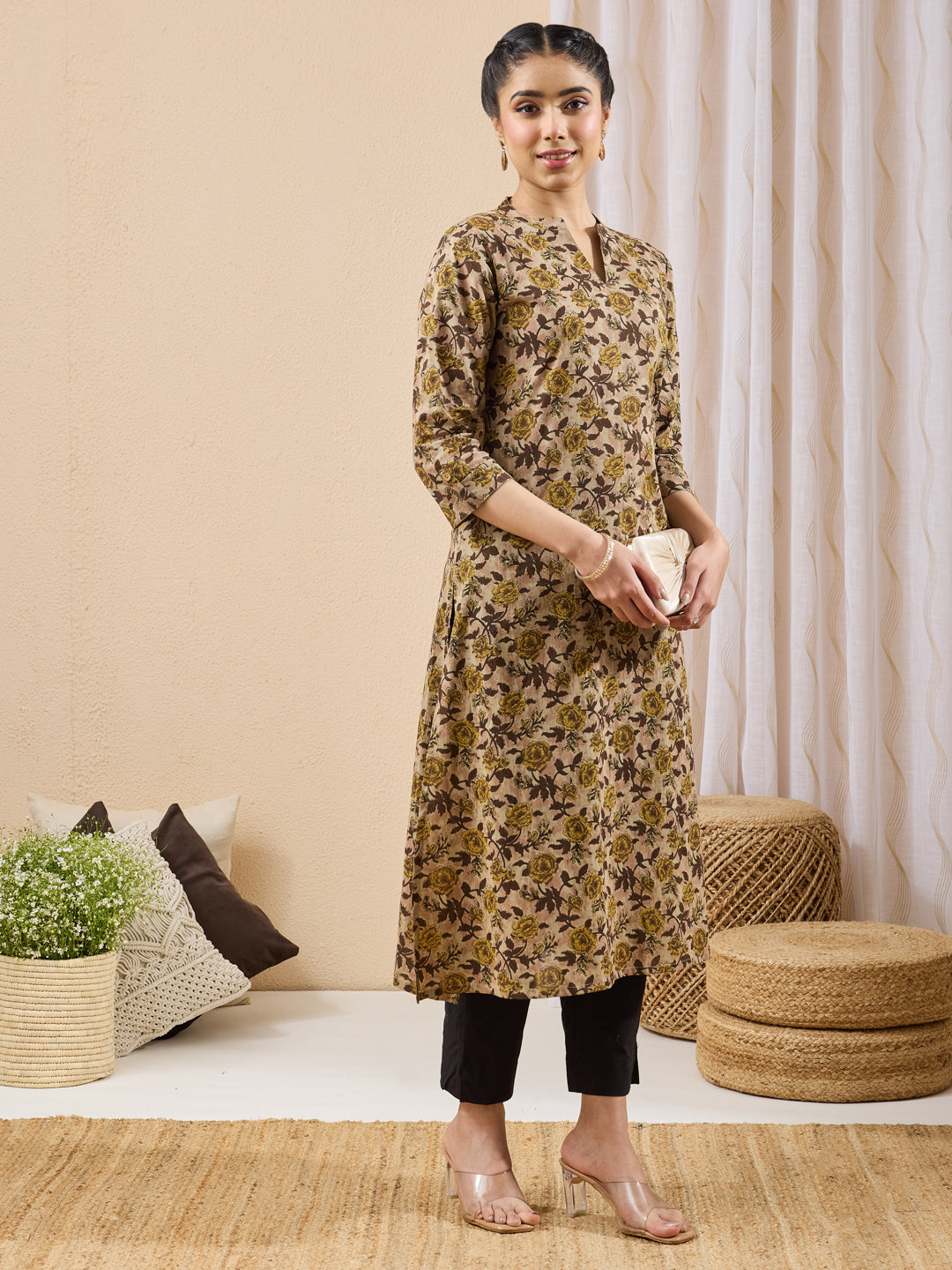 Janasya Brown Straight Cotton Kurta | Grocsy