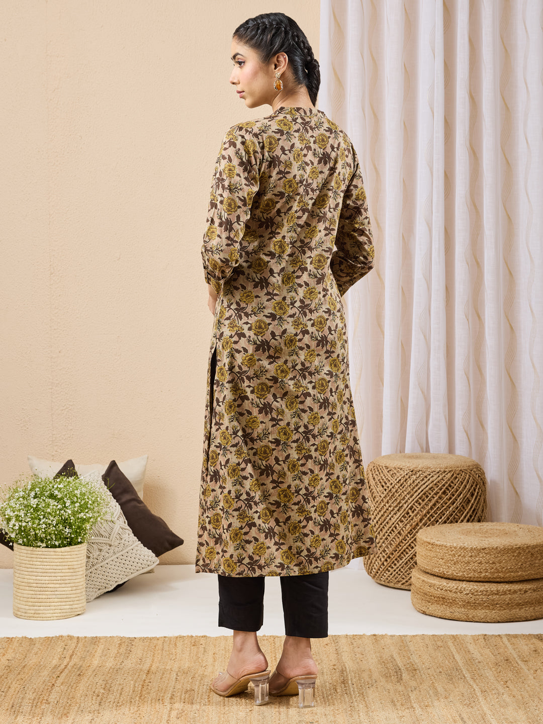 Janasya Brown Straight Cotton Kurta | Grocsy