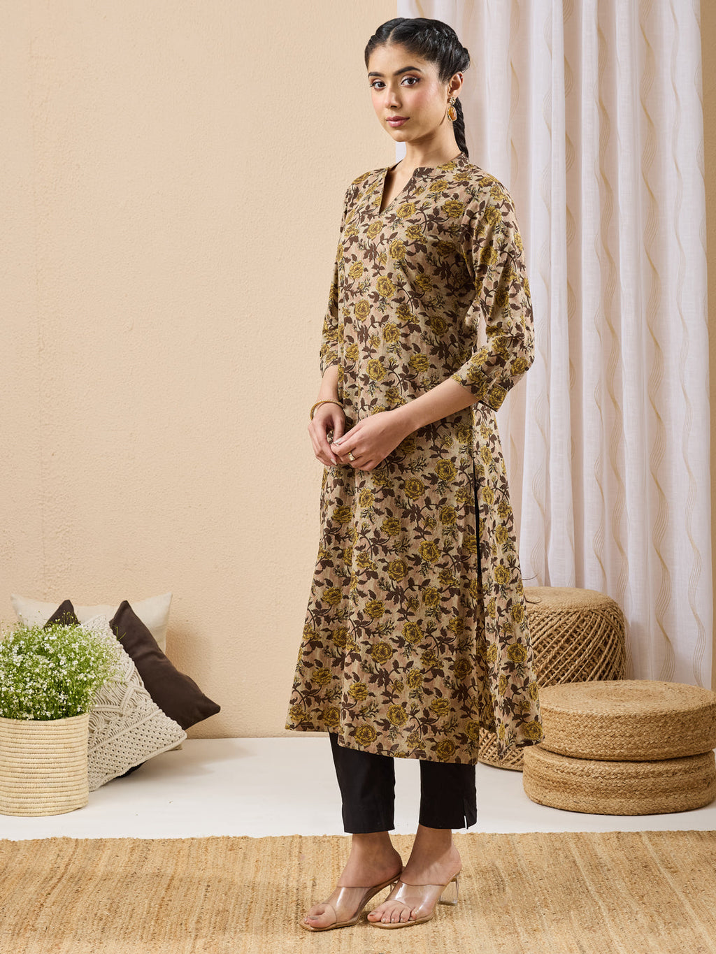 Janasya Brown Straight Cotton Kurta | Grocsy