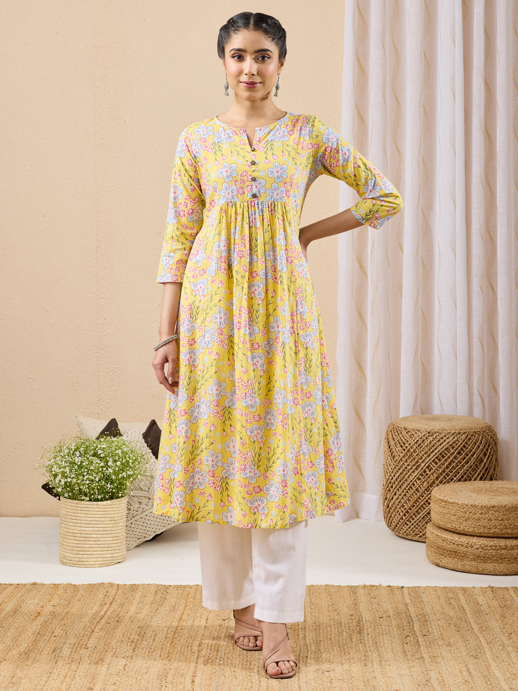 Janasya Yellow A-Line Cotton Kurta | Grocsy