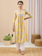 Janasya Yellow A-Line Cotton Kurta | Grocsy