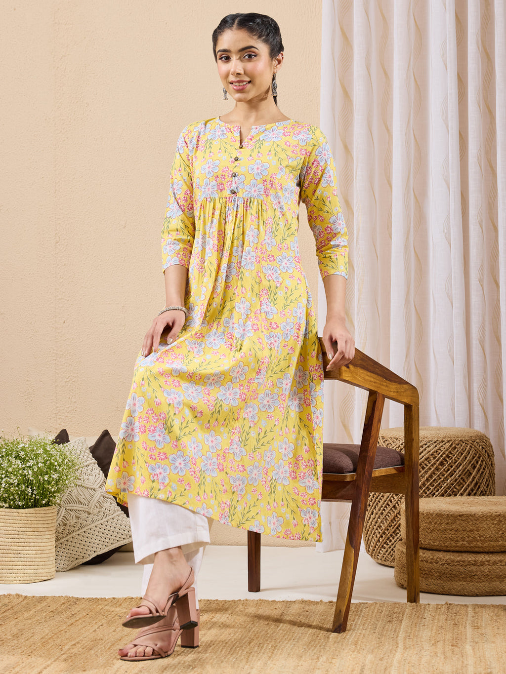 Janasya Yellow A-Line Cotton Kurta | Grocsy