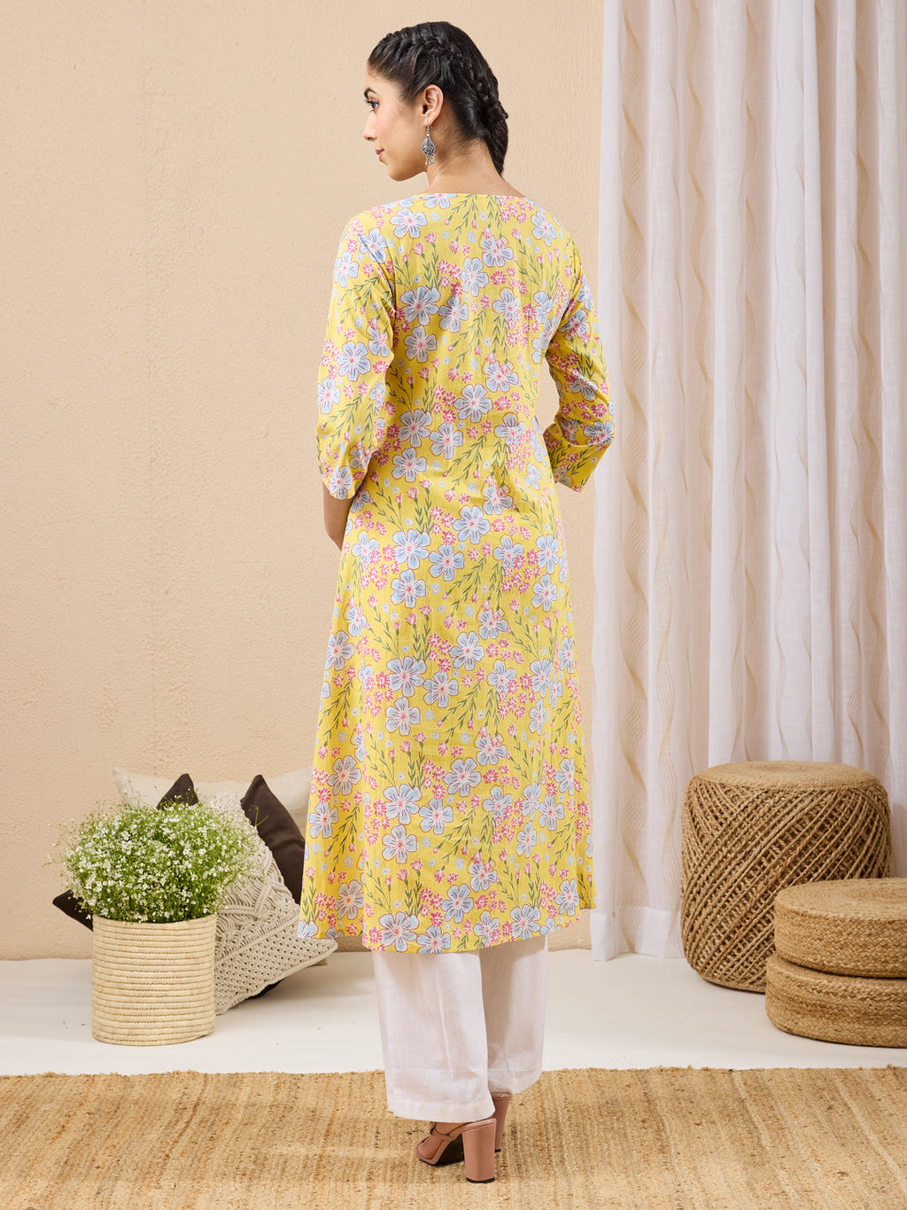 Janasya Yellow A-Line Cotton Kurta | Grocsy