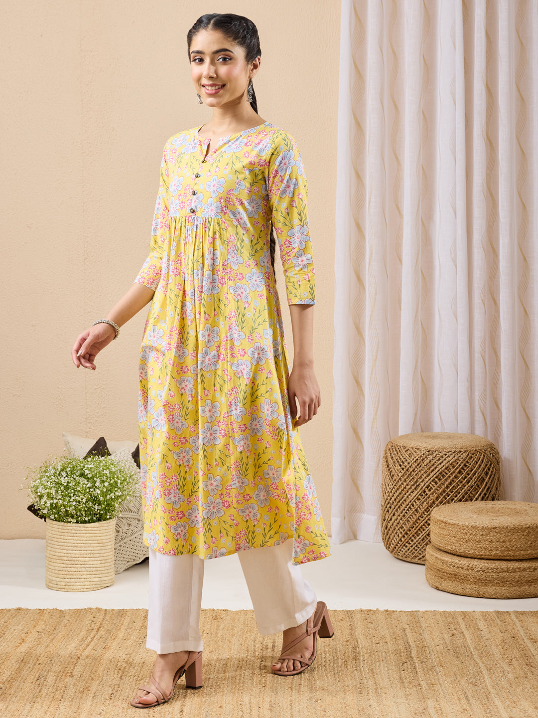 Janasya Yellow A-Line Cotton Kurta | Grocsy