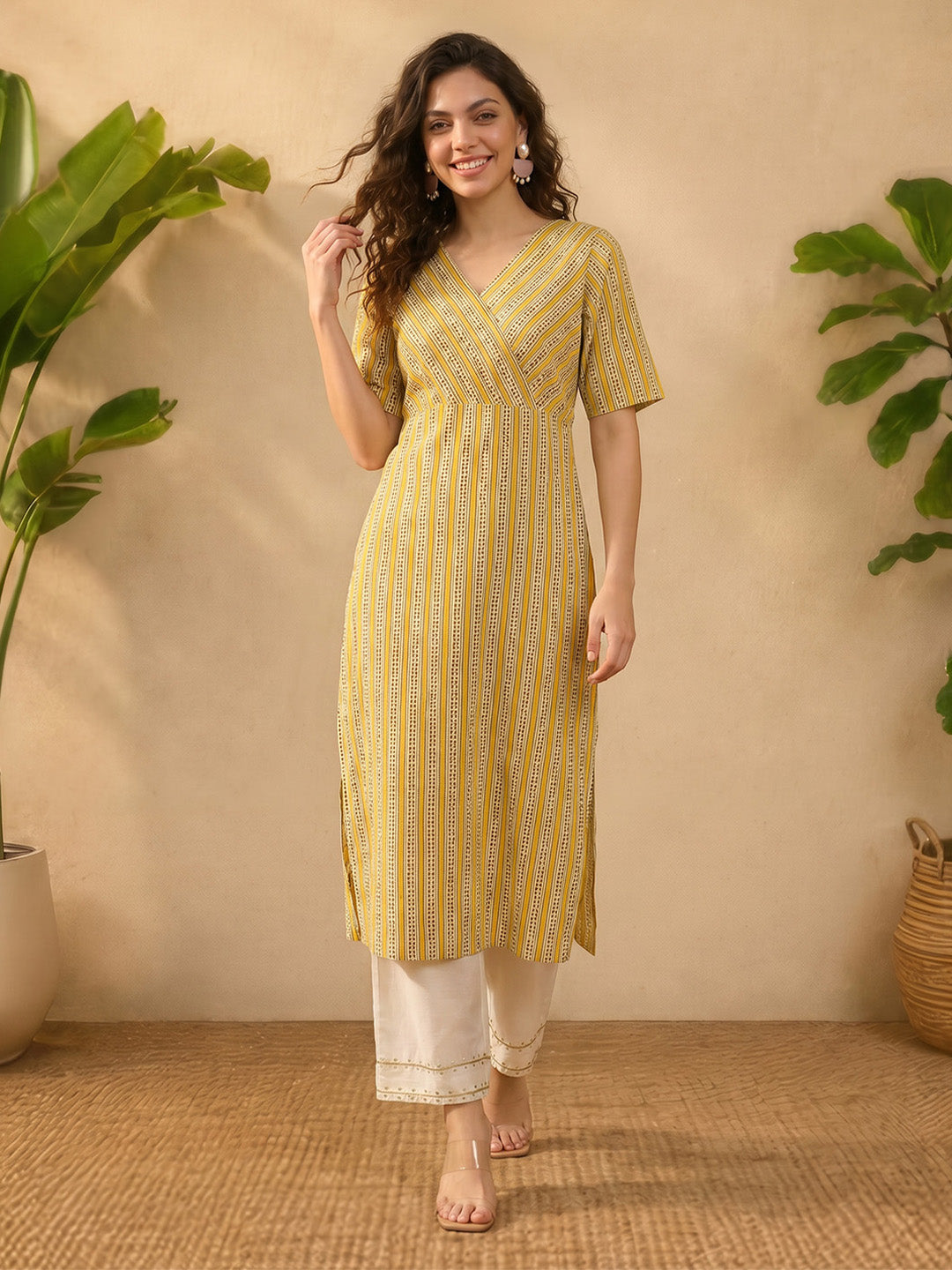 Janasya Mustard Straight Cotton Kurta | Grocsy
