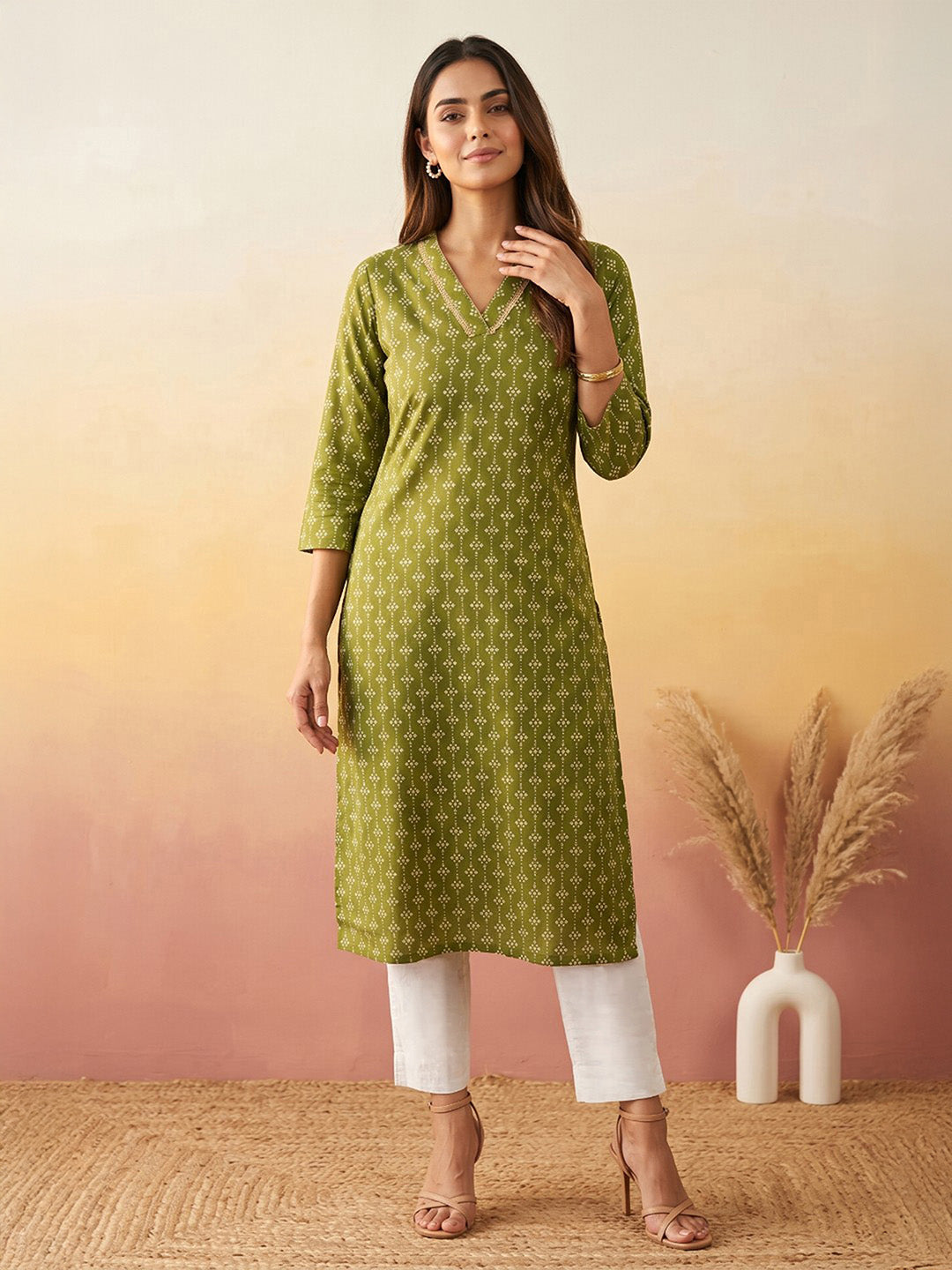 Janasya Olive Straight Cotton Kurta | Grocsy