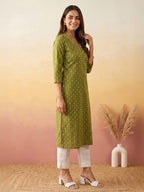 Janasya Olive Straight Cotton Kurta | Grocsy