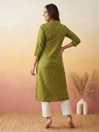 Janasya Olive Straight Cotton Kurta | Grocsy