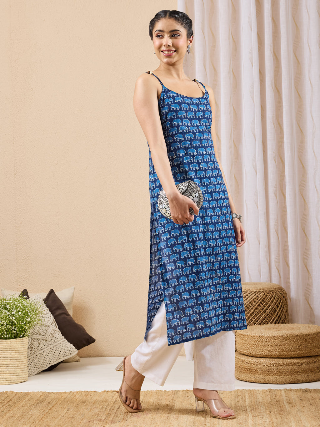 Janasya Indigo Straight Cotton Kurta | Grocsy