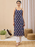 Janasya Dark Blue Straight Cotton Kurta | Grocsy