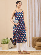 Janasya Dark Blue Straight Cotton Kurta | Grocsy