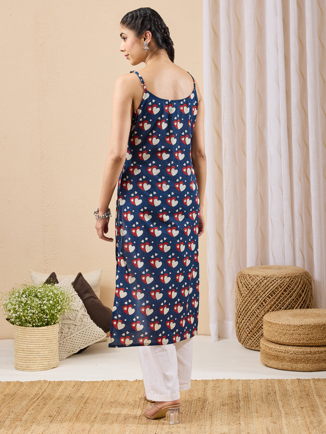 Janasya Dark Blue Straight Cotton Kurta | Grocsy