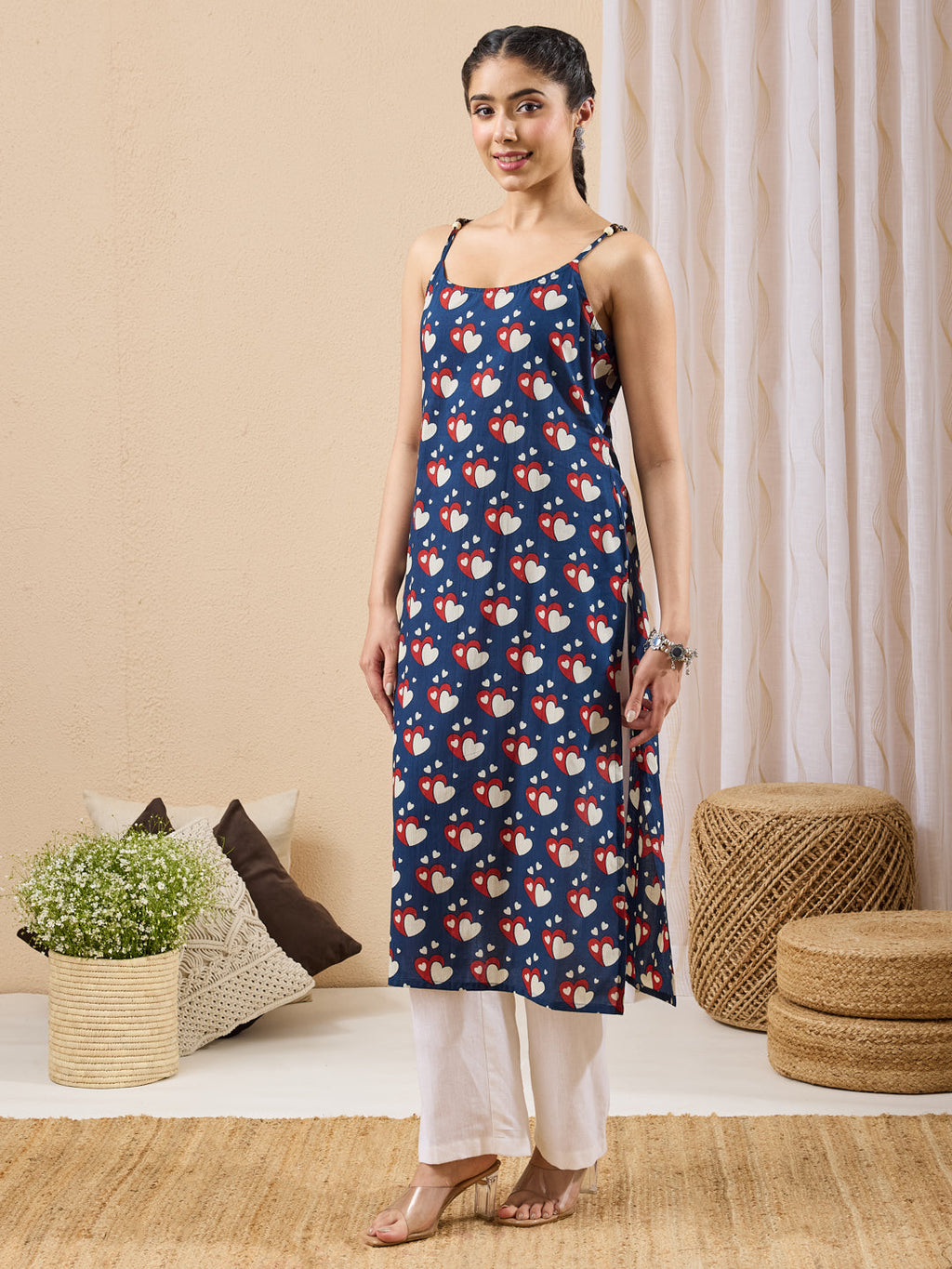Janasya Dark Blue Straight Cotton Kurta | Grocsy