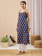 Janasya Dark Blue Straight Cotton Kurta | Grocsy