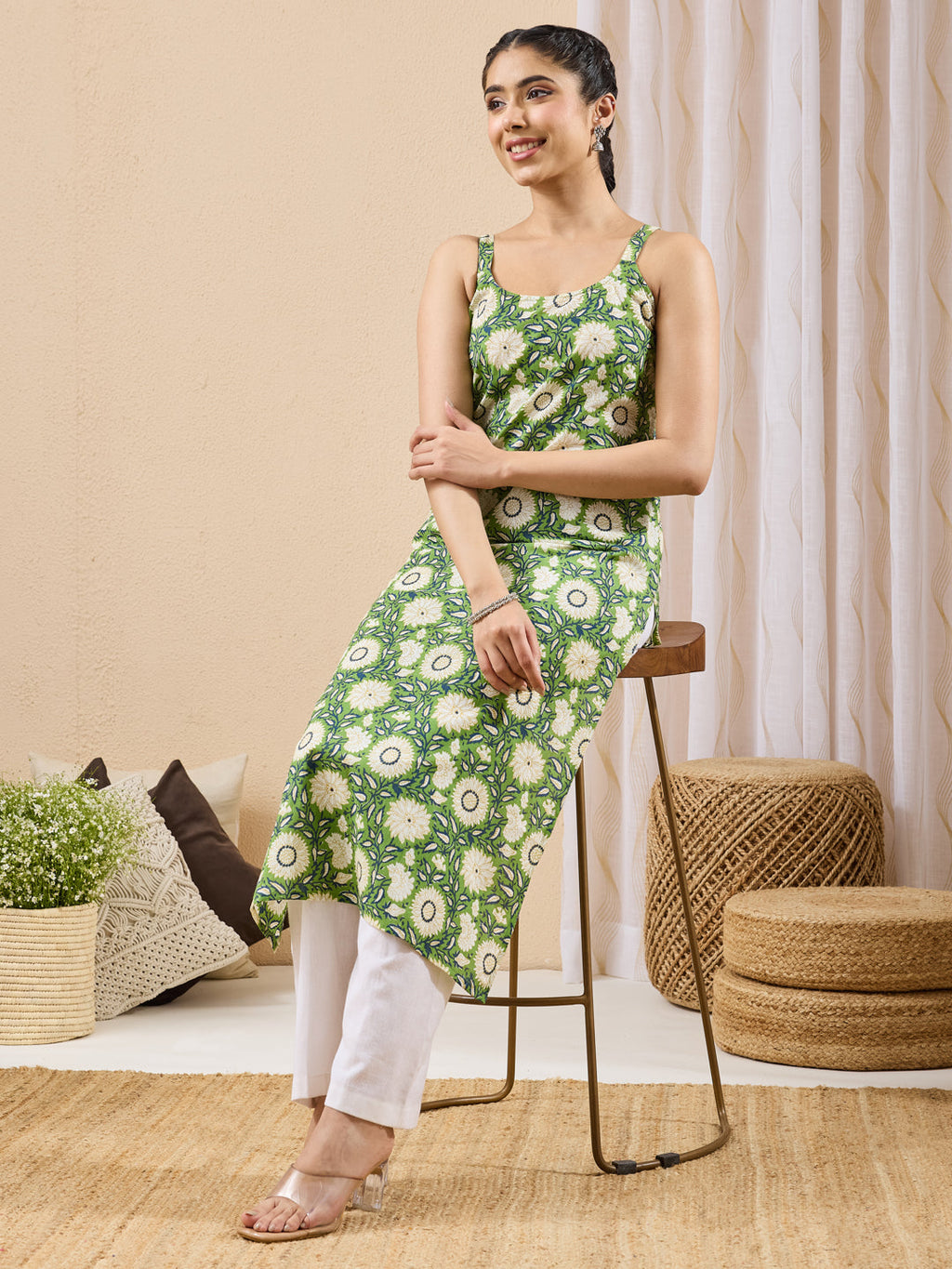 Janasya Green Straight Cotton Kurta | Grocsy