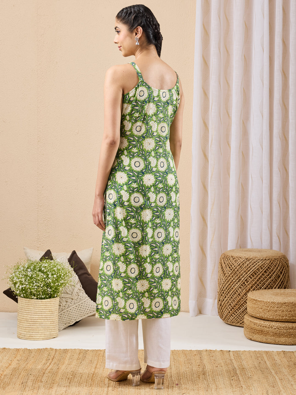 Janasya Green Straight Cotton Kurta | Grocsy