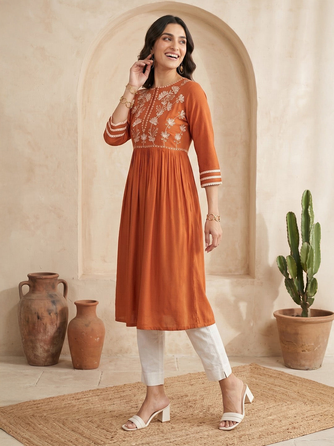 Janasya Rust Straight Rayon Kurta | Grocsy