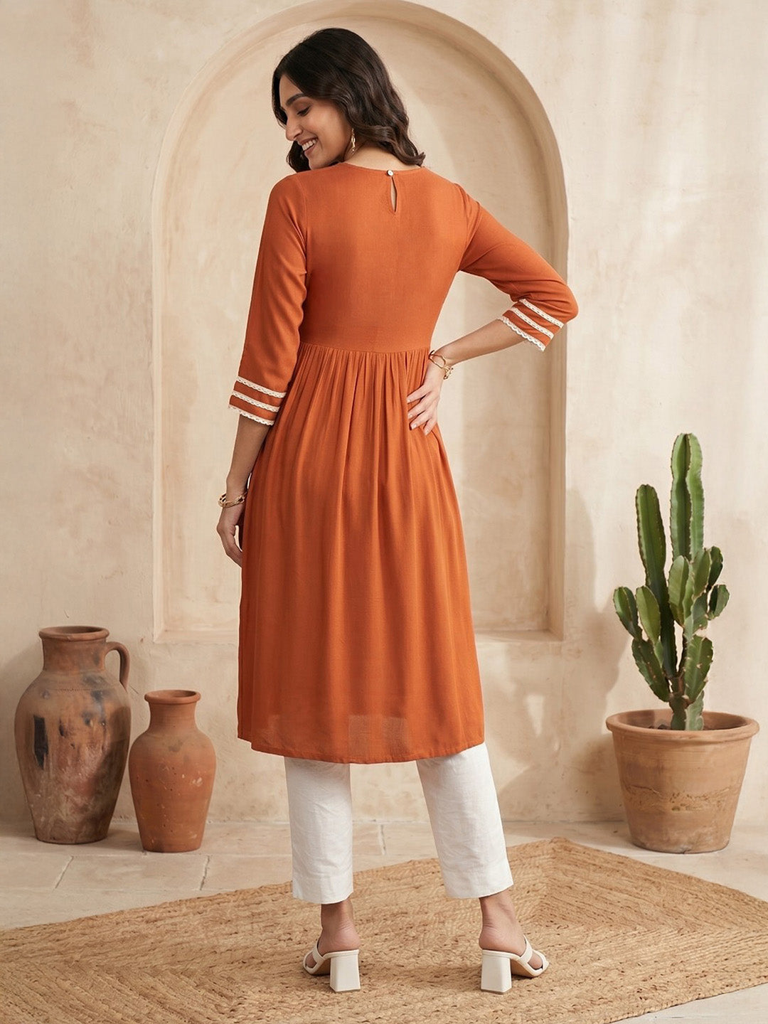 Janasya Rust Straight Rayon Kurta | Grocsy