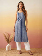 Janasya Blue Straight Cotton Kurta | Grocsy
