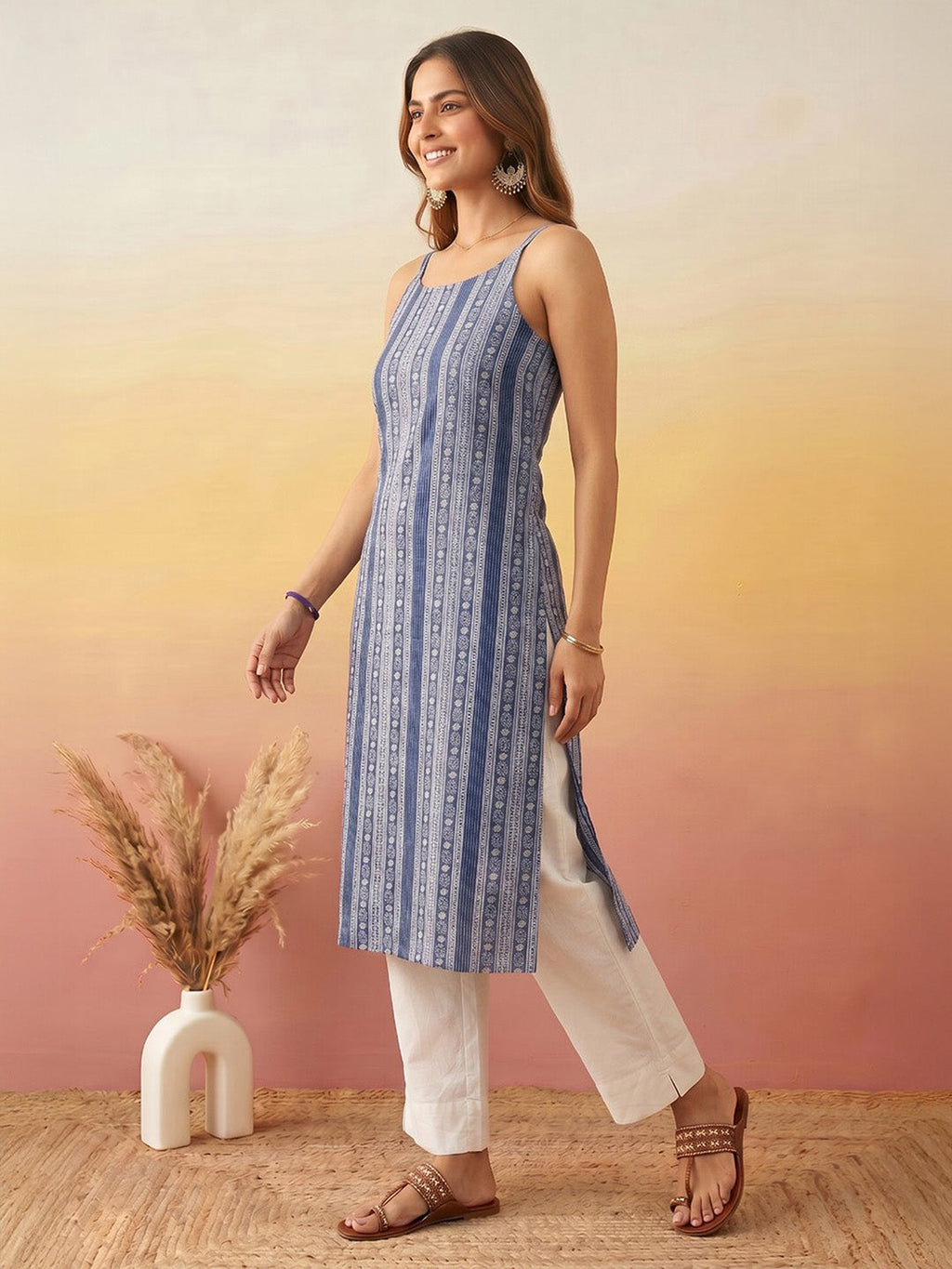 Janasya Blue Straight Cotton Kurta | Grocsy