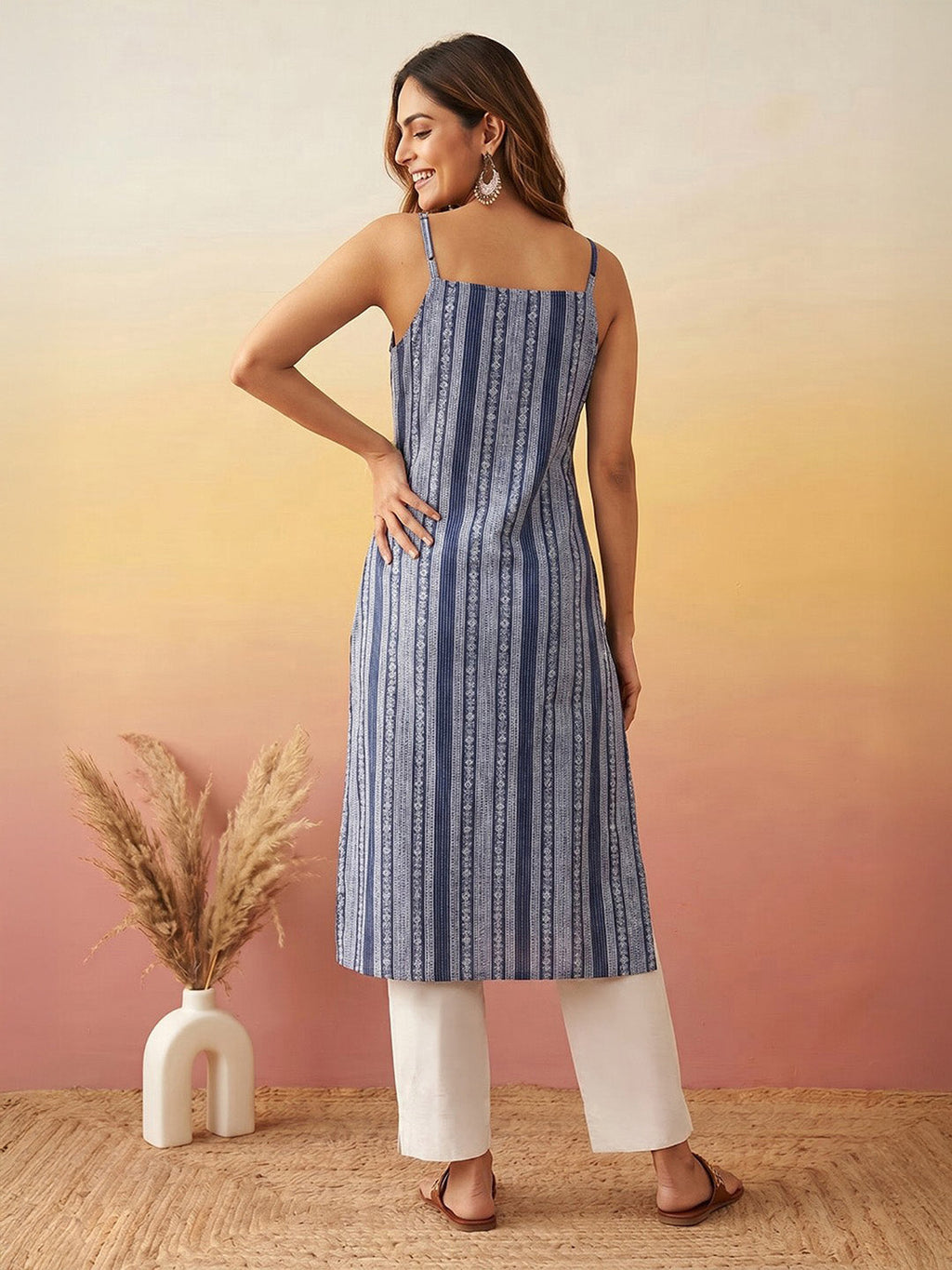 Janasya Blue Straight Cotton Kurta | Grocsy