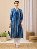Janasya Blue Gathered Cotton Kurta | Grocsy