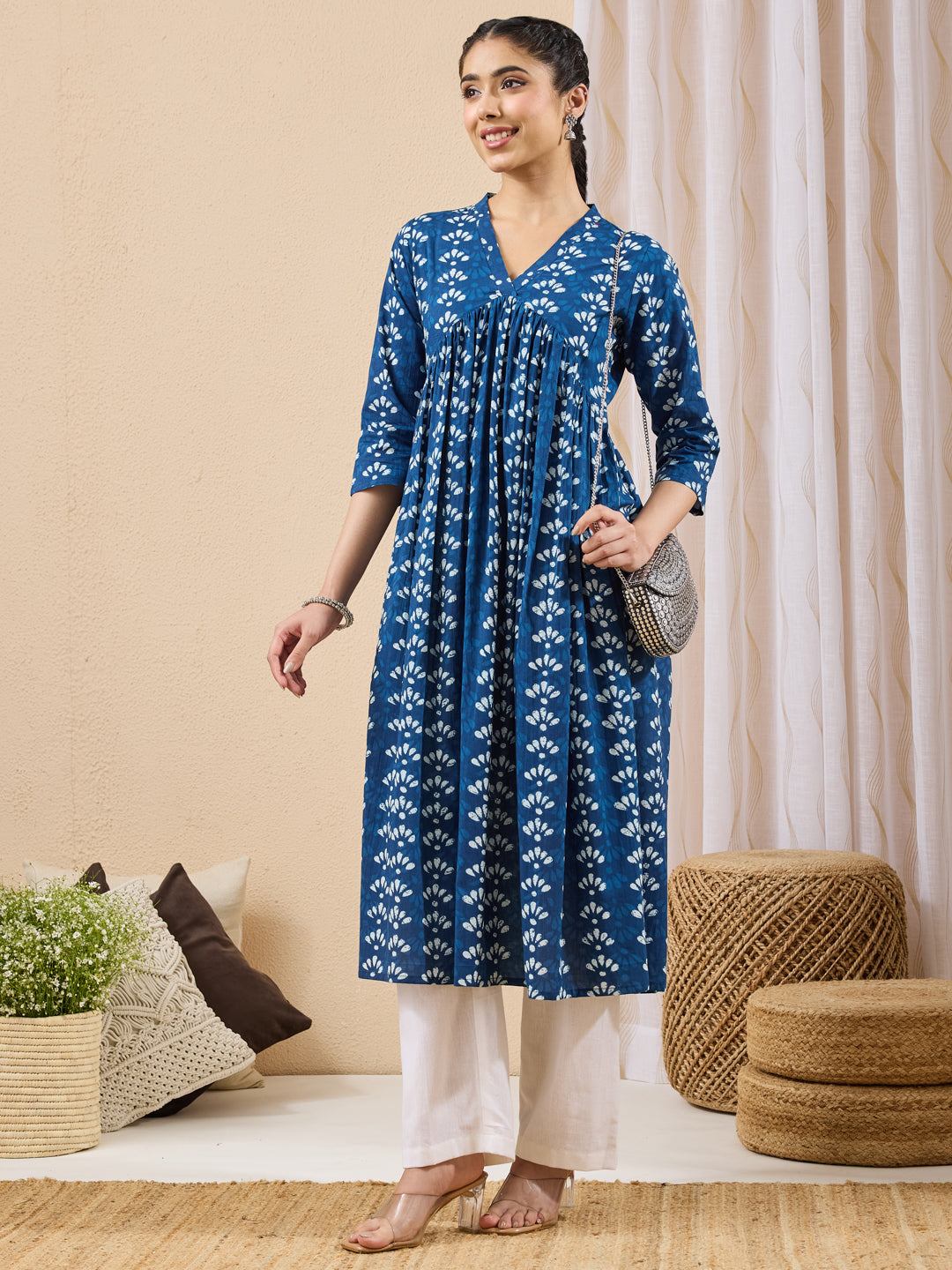 Janasya Blue Gathered Cotton Kurta | Grocsy