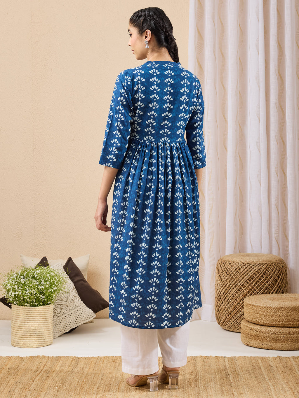 Janasya Blue Gathered Cotton Kurta | Grocsy