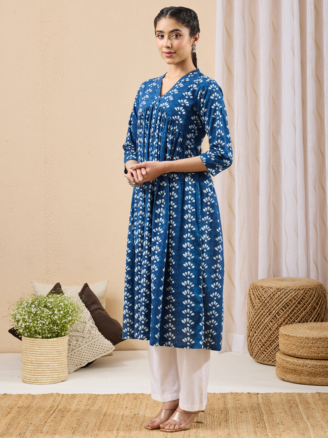 Janasya Blue Gathered Cotton Kurta | Grocsy