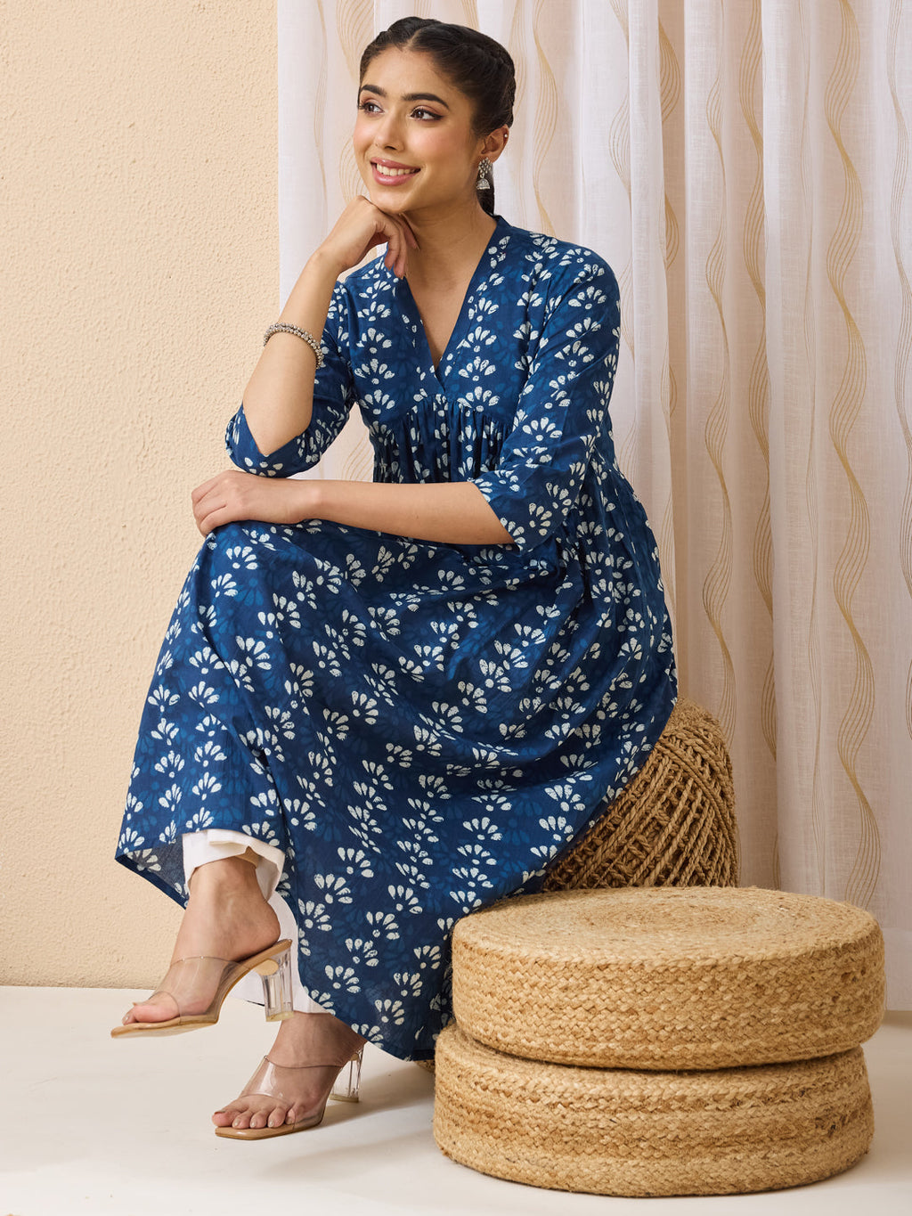 Janasya Blue Gathered Cotton Kurta | Grocsy