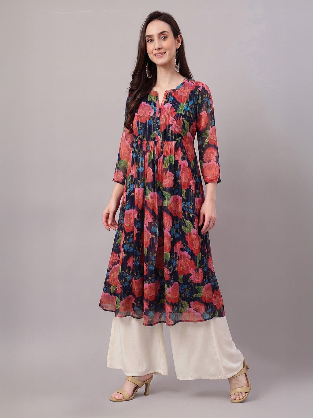 Janasya Black Gathered Chiffon Kurta | Grocsy