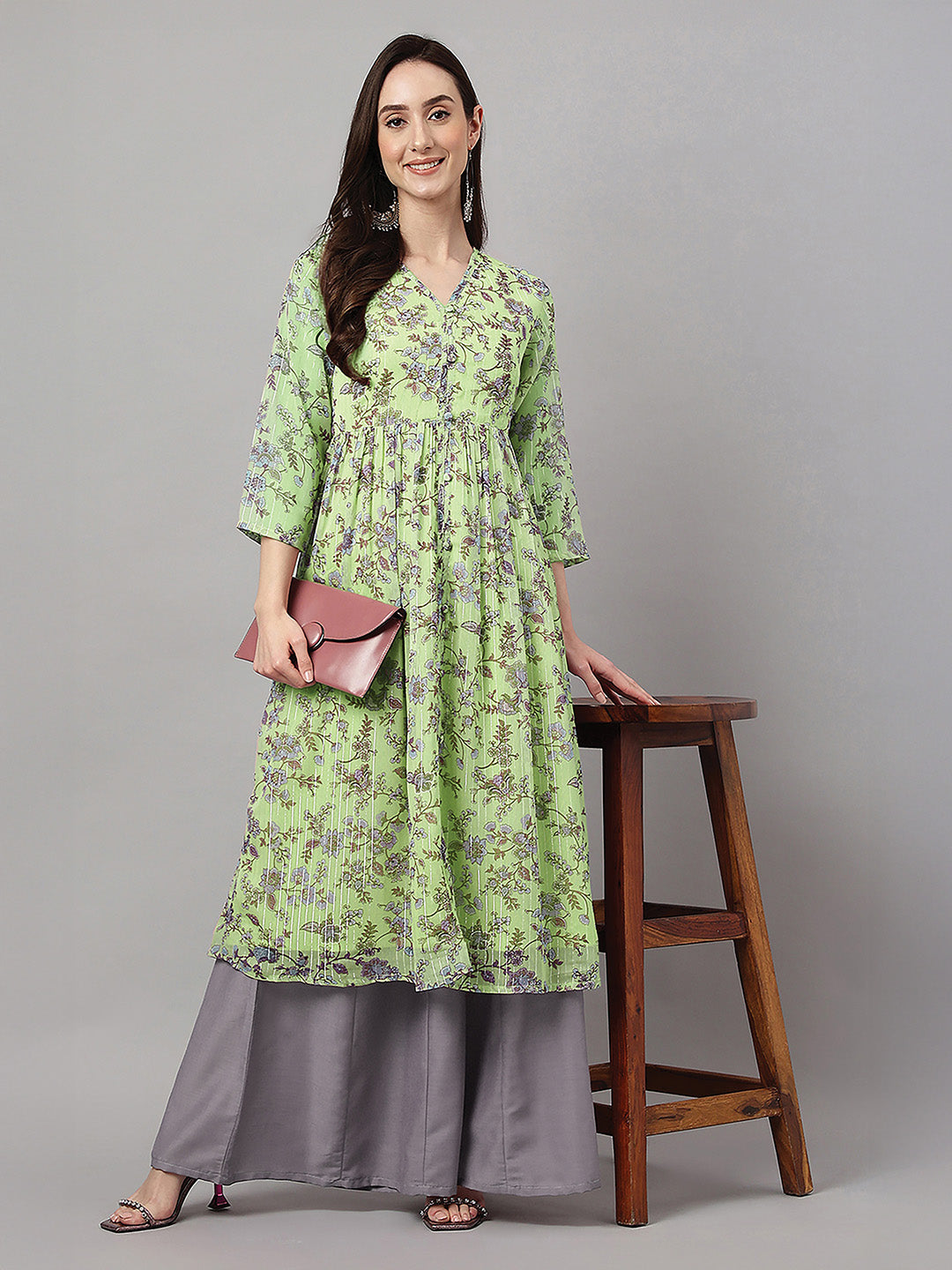Janasya Lime Green A-Line Chiffon Lurex Kurta | Grocsy